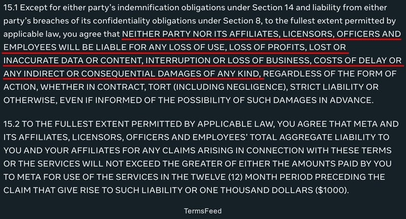 Meta's Terms of Service detailing limitation of liability