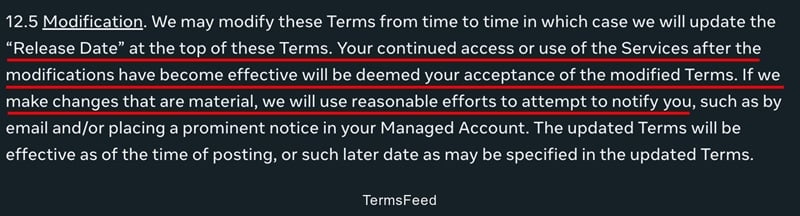Meta's Terms of Service discussing updates and modification of terms