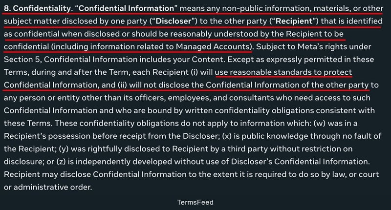 Snapshot from Meta's Terms of Service outlining confidentiality rules