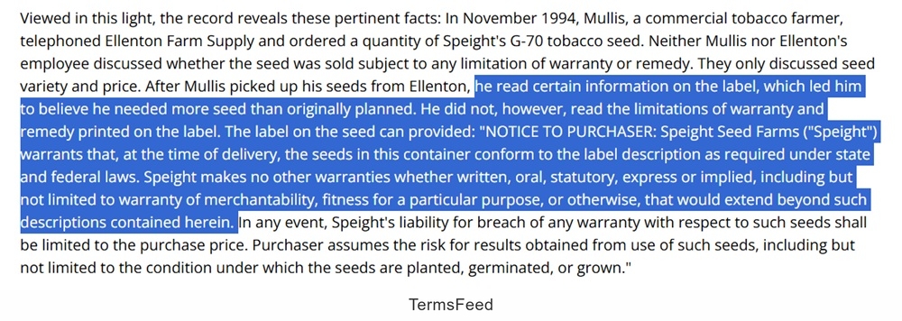 Mullis v. Speight Seed Farms - Implied warranty not conspicuous enough