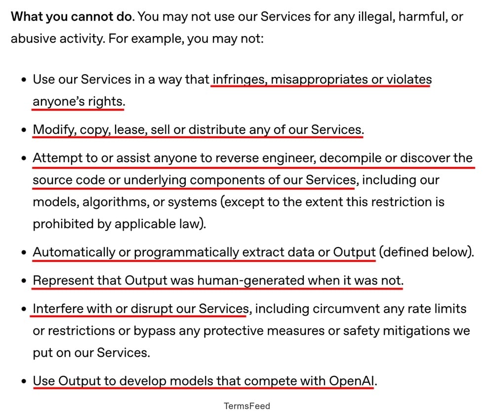 OpenAI's Terms of Service defining restrictions on using ChatGPT