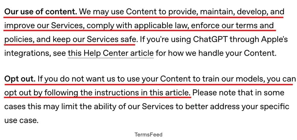 OpenAI's Terms of Service on using user content for model training