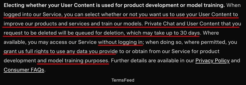 OpenAI's Terms of Service screenshot depicting model training and opt-out informationOpenAI's Terms of Service screenshot depicting model training and opt-out information
