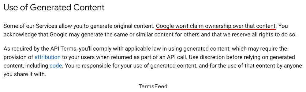 Clip from OpenAI's Terms of Service emphasizing on user ownership over input and output