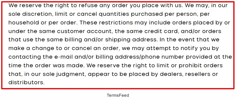 Purity Coffee Terms of Service: Right to refuse order clause