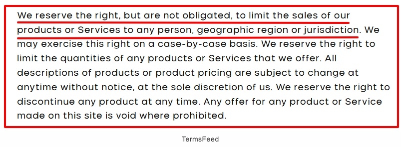 Purity Coffee Terms of Service: Right to refuse order by geographic or jurisdiction clause