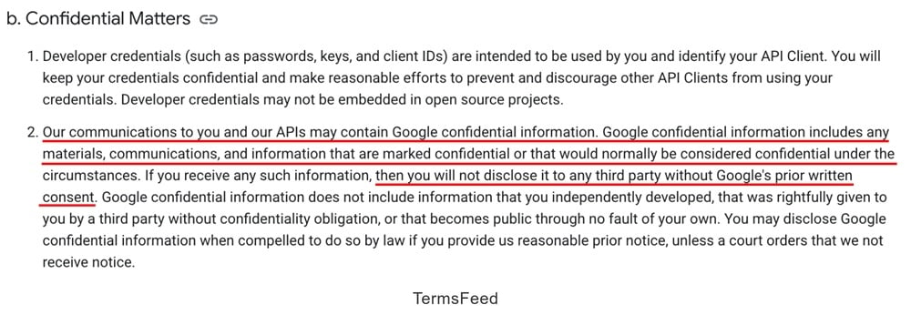 Snapshot of Google's Terms of Service detailing confidentiality