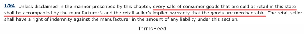 Song Beverly Consumer Warranty Act provision 1792