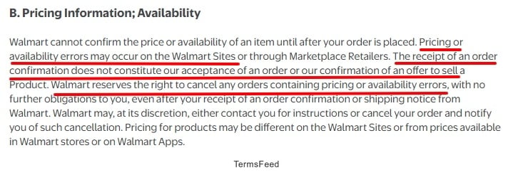Walmart Terms of Use: Pricing information availability clause