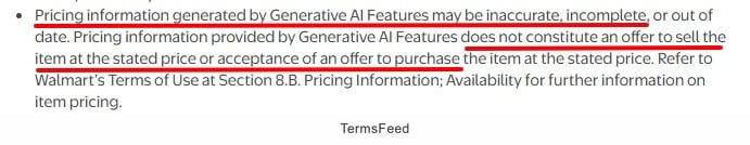 Walmart Terms of Use: Pricing information clause