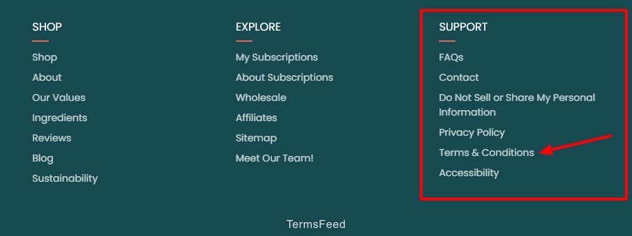 Wellnesse website footer with Terms and Conditions link highlighted