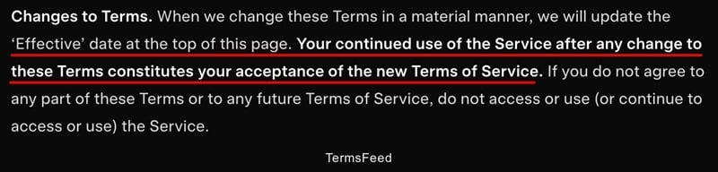 xAI's Terms of Service section on updates
