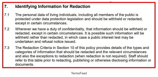 Eden District Council Redaction Policy: Identifying Information for Redaction section