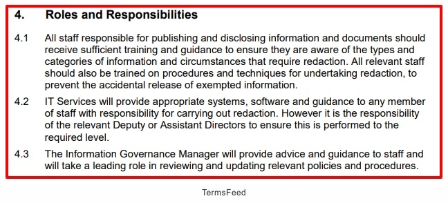 Eden District Council Redaction Policy: Roles and Responsibilities sections