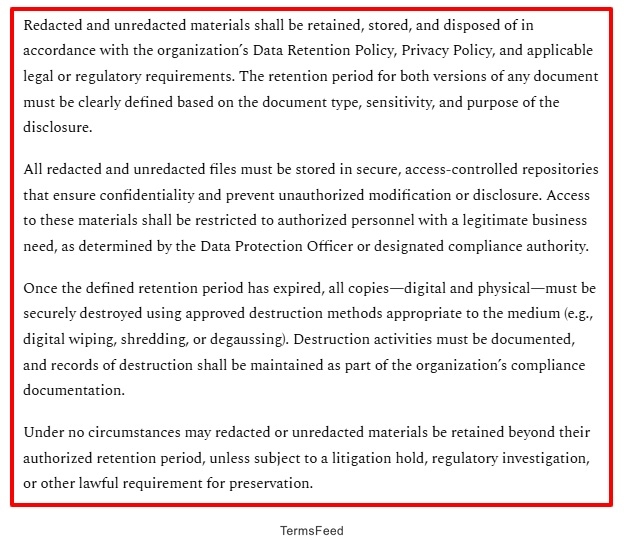 Generic sample Data Retention and Storage section of a Redaction Policy