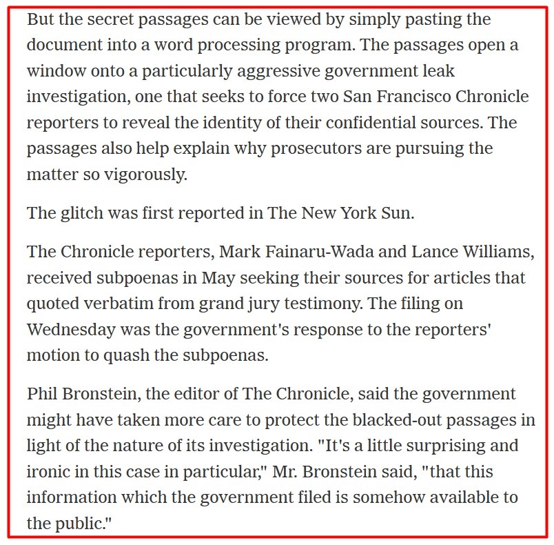NY Times Article Excerpt on DOJ Case Redacting
