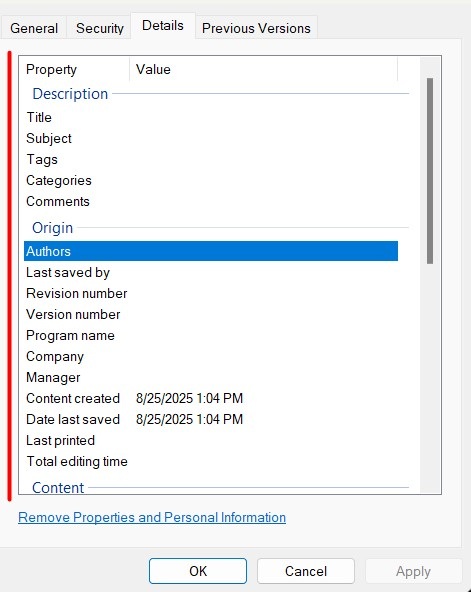 Windows File Explorer Authors Meta Data