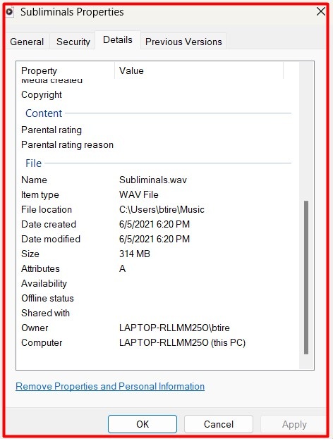 Windows File Explorer Remove Properties and Personal Information from Files