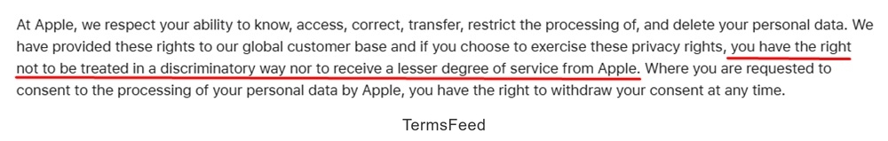 Apple CCPA policy on non-discriminatory service related to privacy rights