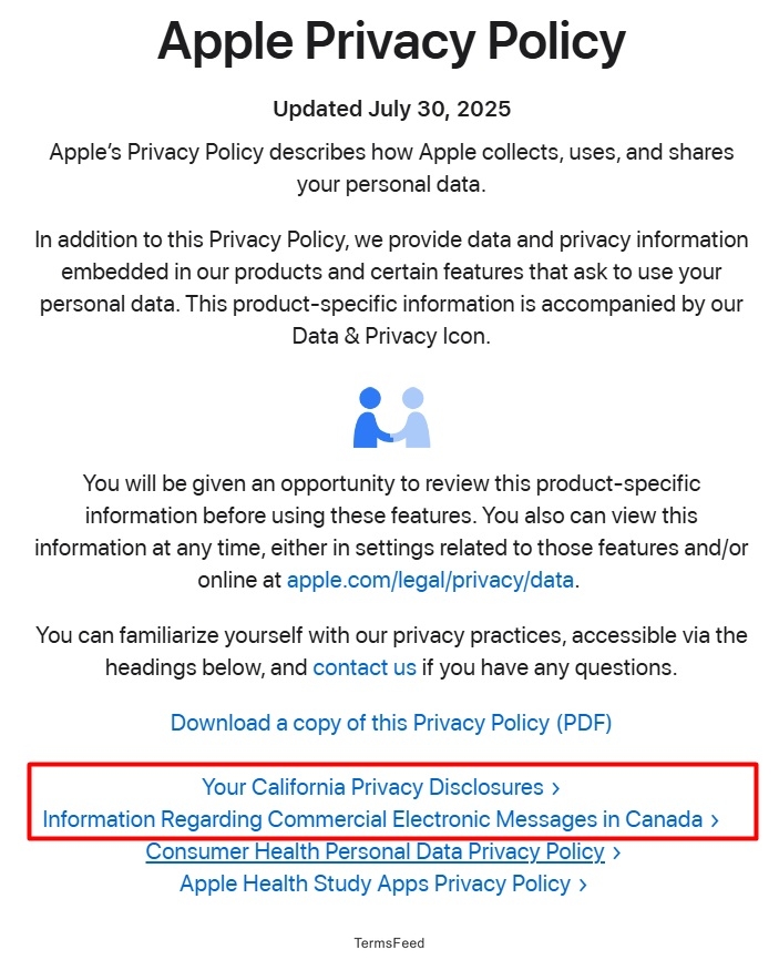 Apple Privacy Policy Localization California Canada Links