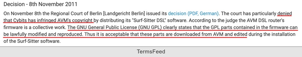 Verdict statement from GPL violation case, AVM vs Cybits