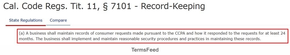 CCPA regulation Article 8 - requiring 24-month record-keeping of consumer requests under Cal. Code Regs. Tit. 11 section 7101