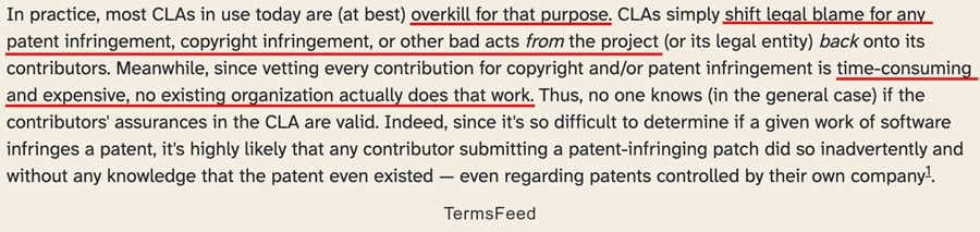 Discussion on CLAs shifting legal blame for patent and copyright infringement