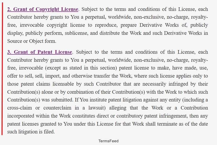 Details of copyright and patent licenses in contribution agreements