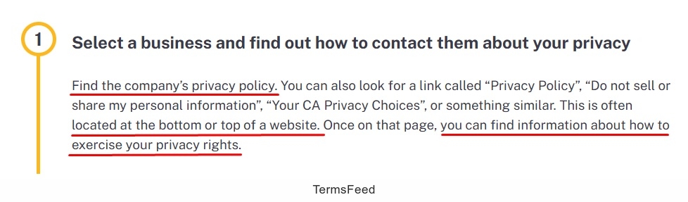 CPPA Submit Privacy request - Privacy policy identification for exercising CCPA rights