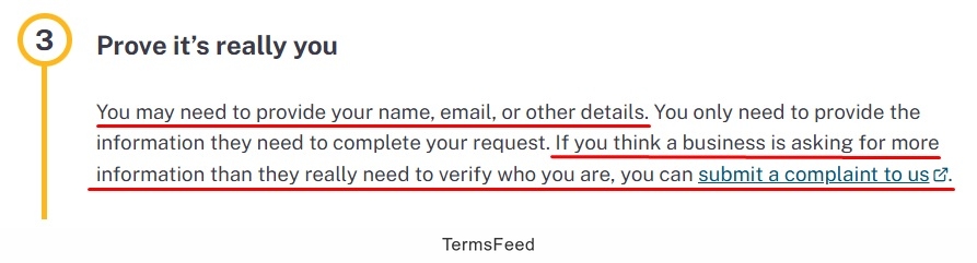 CPPA - Submit Privacy Request - Step 3 - CCPA verification requirements with complaint submission option
