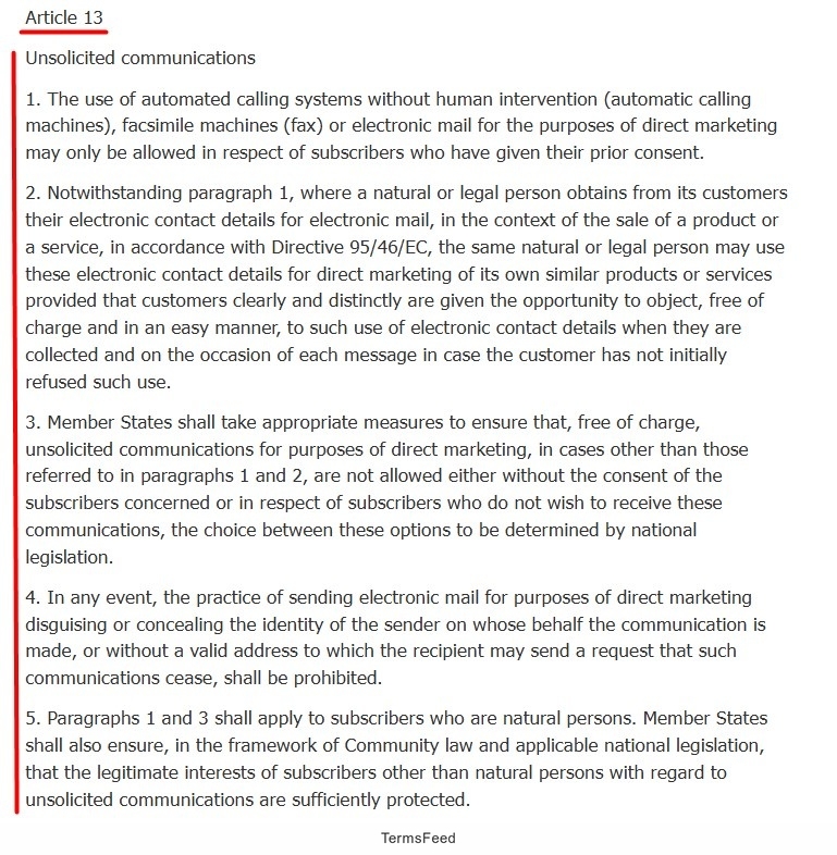 Text of ePrivacy Directive Article 13 discussing unsolicited communications and marketing consent requirements