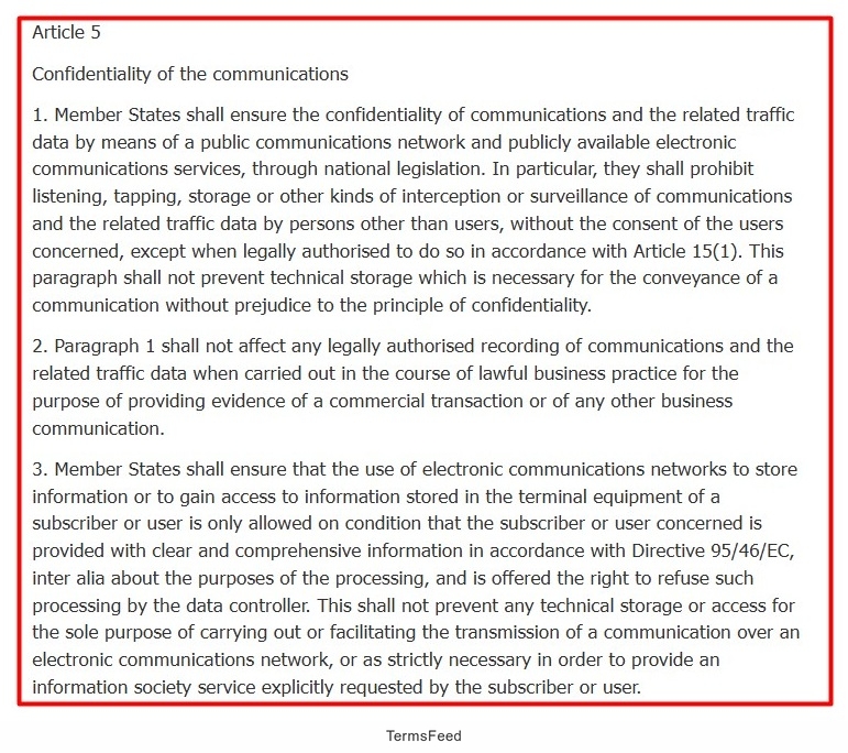 Text of ePrivacy Directive Article 5 covering confidentiality of communications and data protection