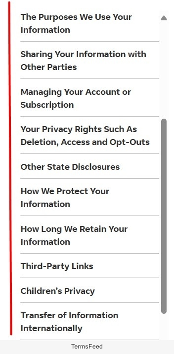 Privacy policy sections including data usage, protection, and sharing guidelines with third parties