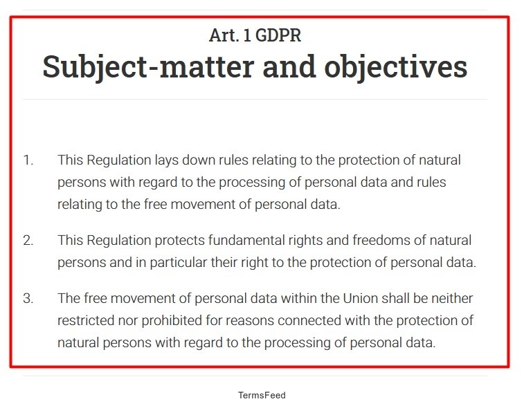 GDPR Article 1 outlines the regulation subject-matter focusing on personal data protection and free movement within the Union