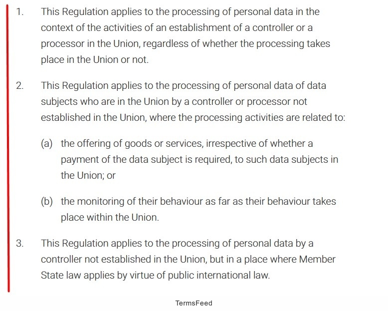 Details on GDPR Article 3 regulations concerning data processing by controllers and processors within the Union