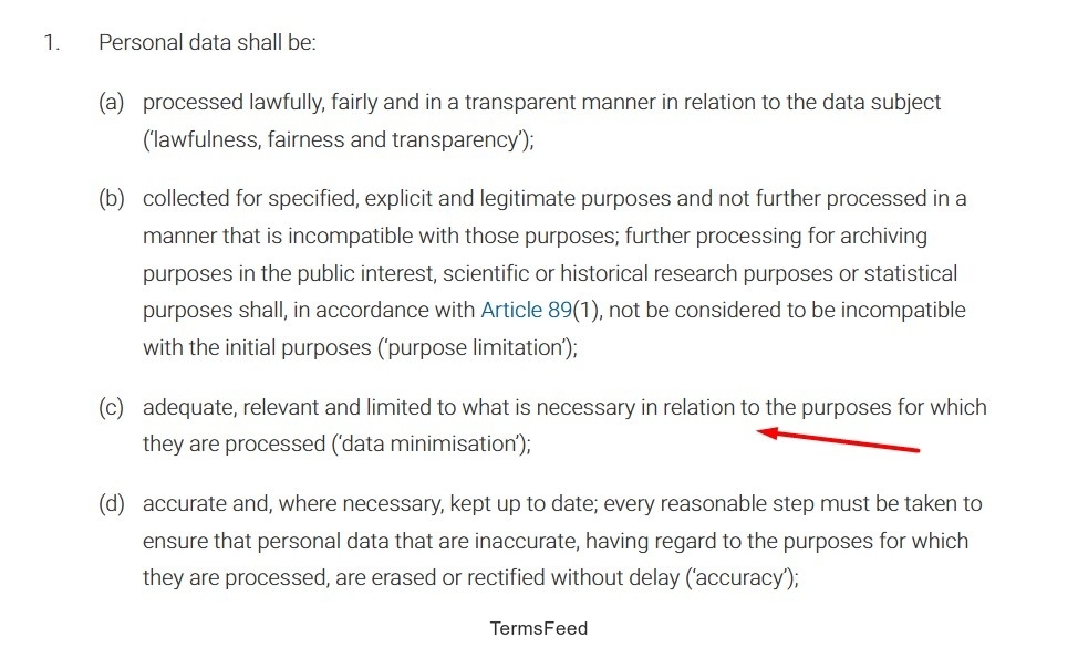 GDPR Article 5 excerpt on personal data processing principles, highlighting data minimisation and accuracy