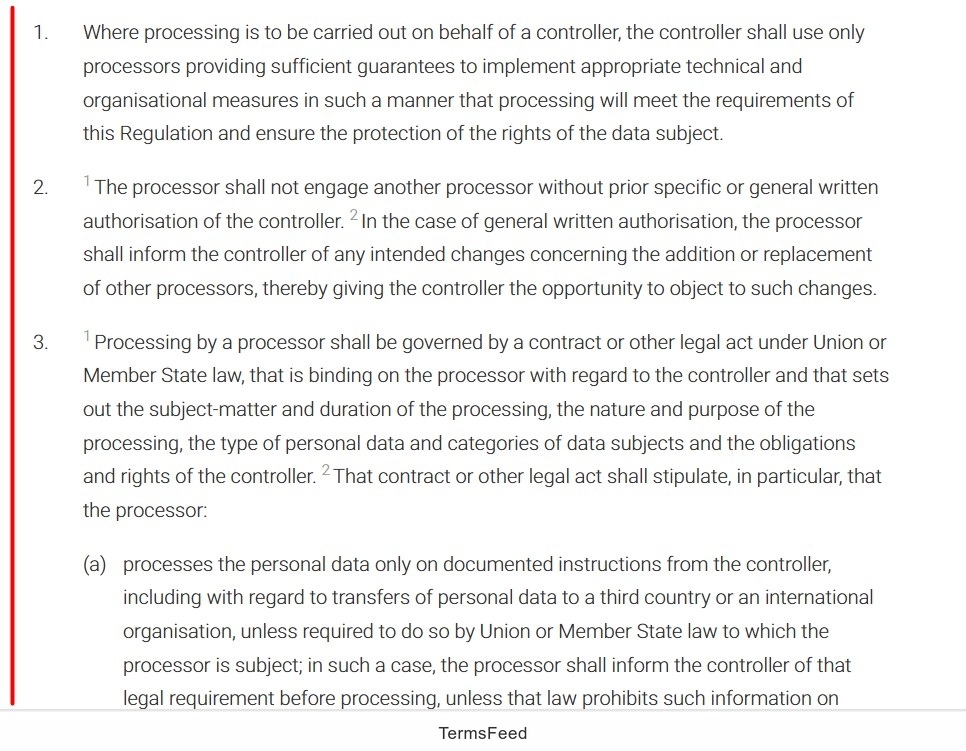 GDPR - Article 28 - section on data processing regulations for processors and controllers, including contract requirements