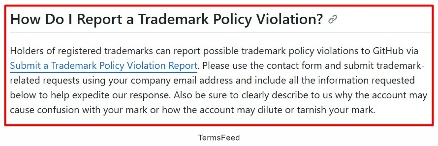 GitHub instructions on reporting a trademark policy violation