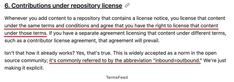 GitHub: Repository license section reaffirming rights to license content under same terms