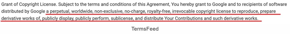 Google CLA: Copyright license includes perpetual worldwide rights to contributions
