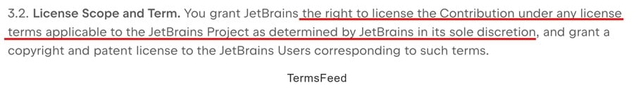 JetBrains CLA: License scope clause granting rights under any license terms