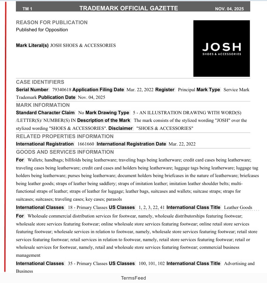 Trademark Official Gazette page featuring JOSH SHOES and ACCESSORIES trademark details and classification