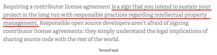 Julian Ponge - Post quote about contributor license agreements indicate intent for long-term project sustainability in intellectual property management