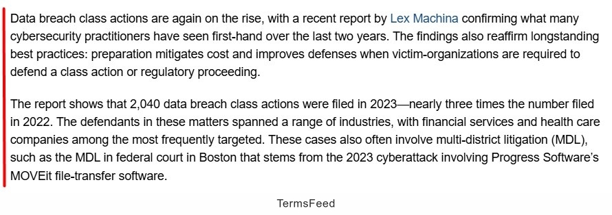 Lex Machina report highlights rise in data breach class actions, totaling 2,040 filed in 2023