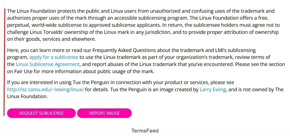 The Linux Foundation's trademark sublicensing program details with request and report abuse options