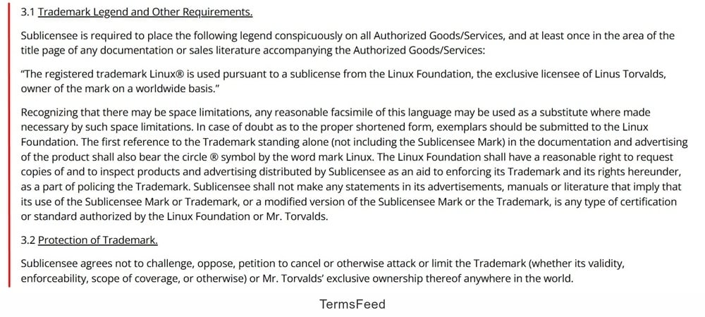 Requirements for sublicensing Linux trademark under section 3.1 Trademark Legend and Other Requirements