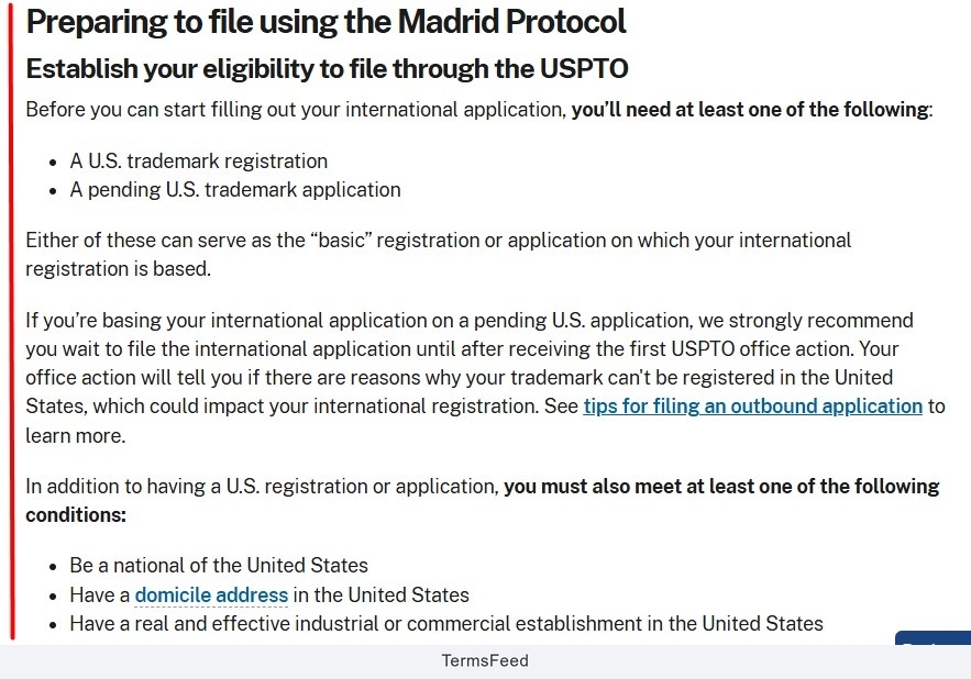 Eligibility criteria for using the Madrid Protocol via USPTO for trademark applications