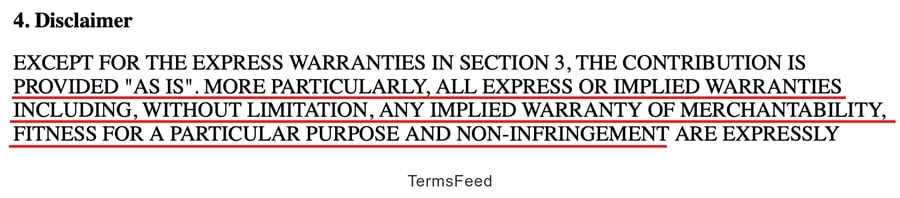 Odoo CLA: Disclaimer section highlighting contributions provided without express or implied warranties