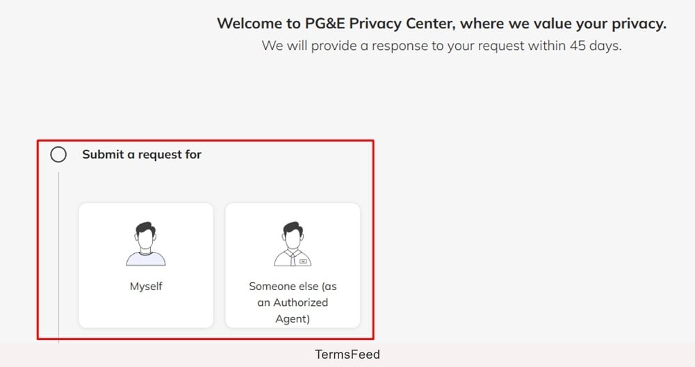 PG and E privacy center request submission options with 45-day response