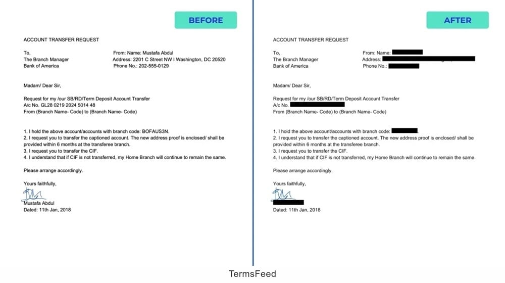 Example of Document redaction from PII Tools